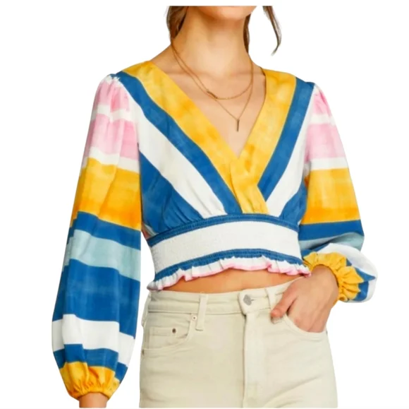 NEW Entro Beach Escapes Multi-Color Vneck Balloon Sleeve Crop Top - Picture 1 of 5